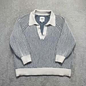 Aerie Sweater Womens Large Blue White Sugar Rush Chenille Polo V-Neck Pullover